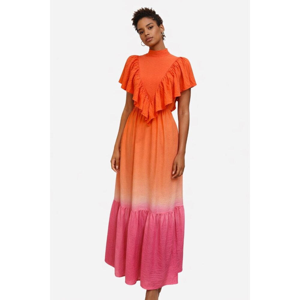 Young Fabulous & Broke Ombré Maxi Dress Open Back Ruffle Coral Pink M - Picture 1 of 11